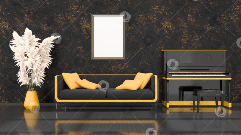 Скачать черный интерьер с черно-желтым пианино, диваном и рамкой для макета фотосток Ozero