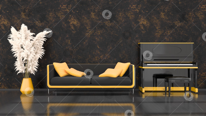 Скачать черный интерьер с черно-желтым роялем и диваном фотосток Ozero