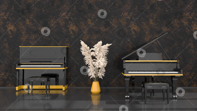 Скачать черный интерьер с черно-желтым пианино и роялем grand piano фотосток Ozero