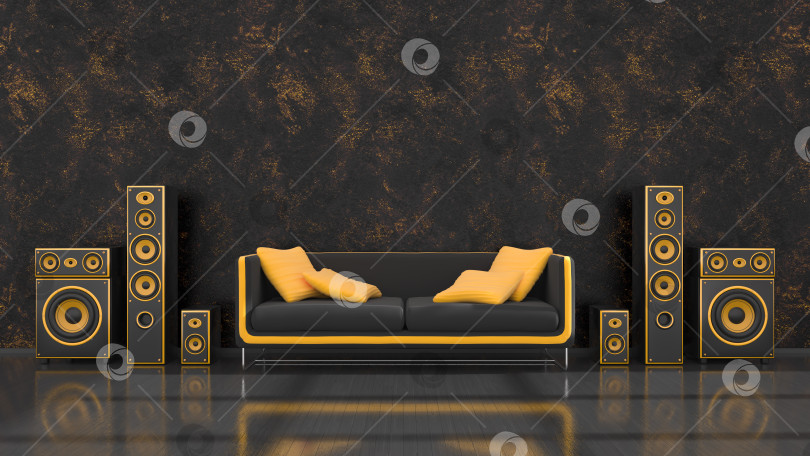 Скачать черный интерьер с современным дизайном, черно-желтая акустическая система и диван фотосток Ozero