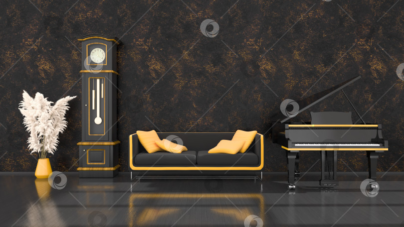 Скачать черный интерьер с черно-желтым роялем, антикварными часами и диваном фотосток Ozero