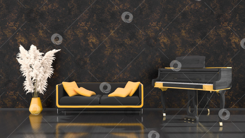 Скачать черный интерьер с черно-желтым роялем и диваном фотосток Ozero