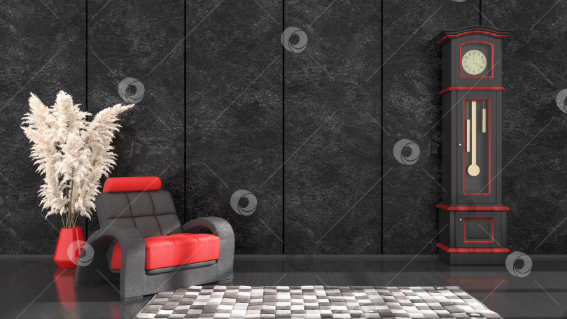 Скачать черный интерьер с черно-красным креслом и часами для макета, 3d-иллюстрация фотосток Ozero
