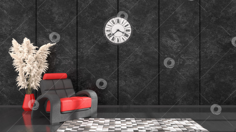 Скачать черный интерьер с черно-красным креслом и часами для макета, 3d-иллюстрация фотосток Ozero
