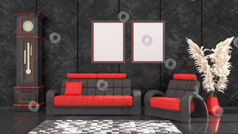 Скачать черный интерьер с современным черно-красным диваном и рамками для макета фотосток Ozero