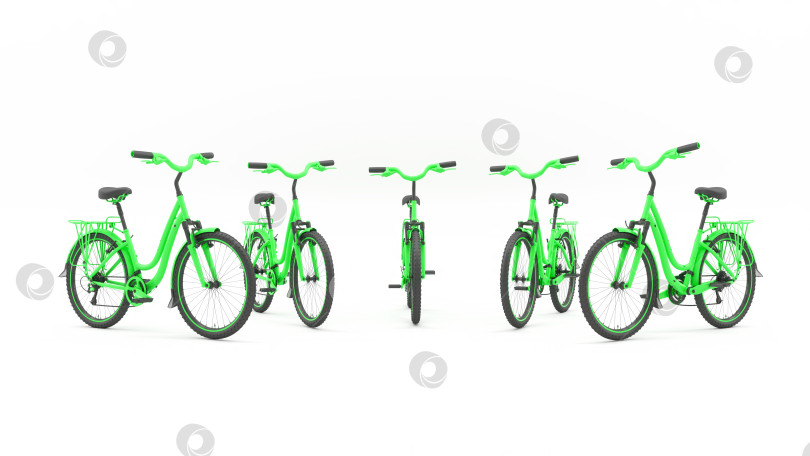 Скачать Группа зеленых велосипедов, стоящих полукругом фотосток Ozero