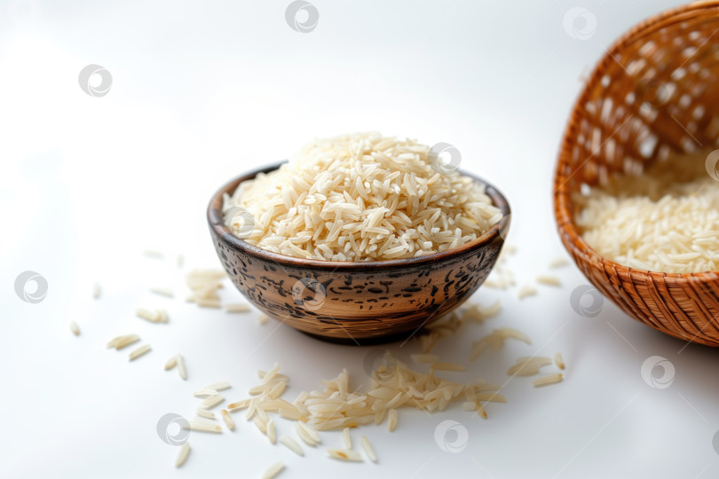 Скачать Сырой длинный рис в миске и бамбуковой корзинке на белом фоне фотосток Ozero