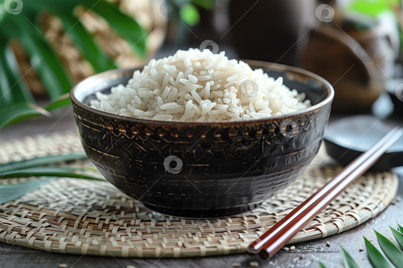 Скачать Тарелка с вкусным отварным рисом на столе, крупным планом. Азиатская кухня фотосток Ozero