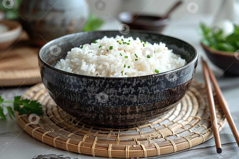 Скачать Тарелка с отварным рисом на столе, крупным планом. Азиатская кухня фотосток Ozero