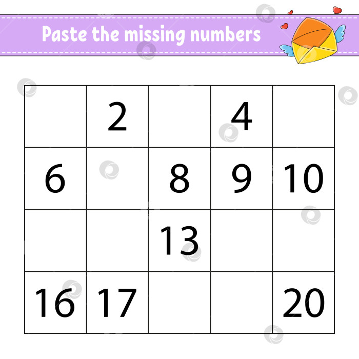 Скачать Вставьте пропущенные цифры с 1 по 20. Игра для детей. Тренируйте почерк. Учим цифры для детей. Развивающий лист для обучения. Страница с упражнениями. Векторная иллюстрация. фотосток Ozero