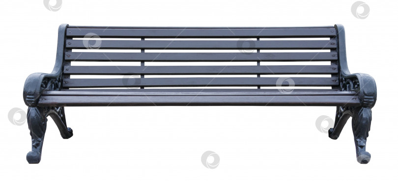 Скачать Вид спереди на серую деревянную скамью с черными металлическими ножками с витиеватыми узорами, выделенную на белом фоне (элемент дизайна) фотосток Ozero