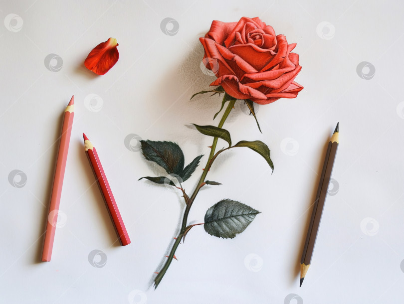 Скачать Роза нарисована на белом фоне карандашом красного цвета фотосток Ozero