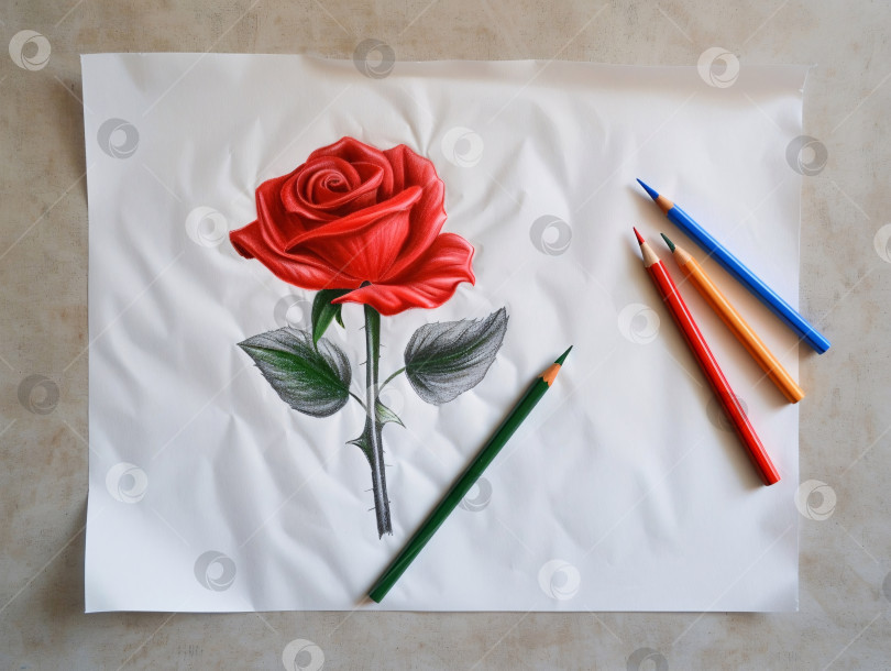 Скачать Роза нарисована на белом фоне карандашом красного цвета фотосток Ozero