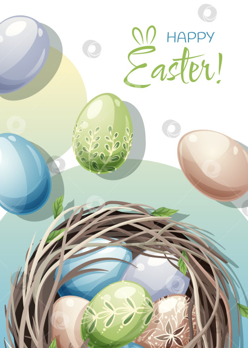 Скачать Шаблон пасхальной поздравительной открытки. Плакат с пасхальными яйцами в гнезде. Весенняя милая праздничная иллюстрация. Сейчас весна фотосток Ozero