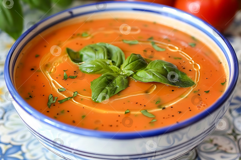 Скачать Испанский холодный летний томатный суп гаспачо в миске на бело-голубой плитке. Создан искусственный интеллект. фотосток Ozero