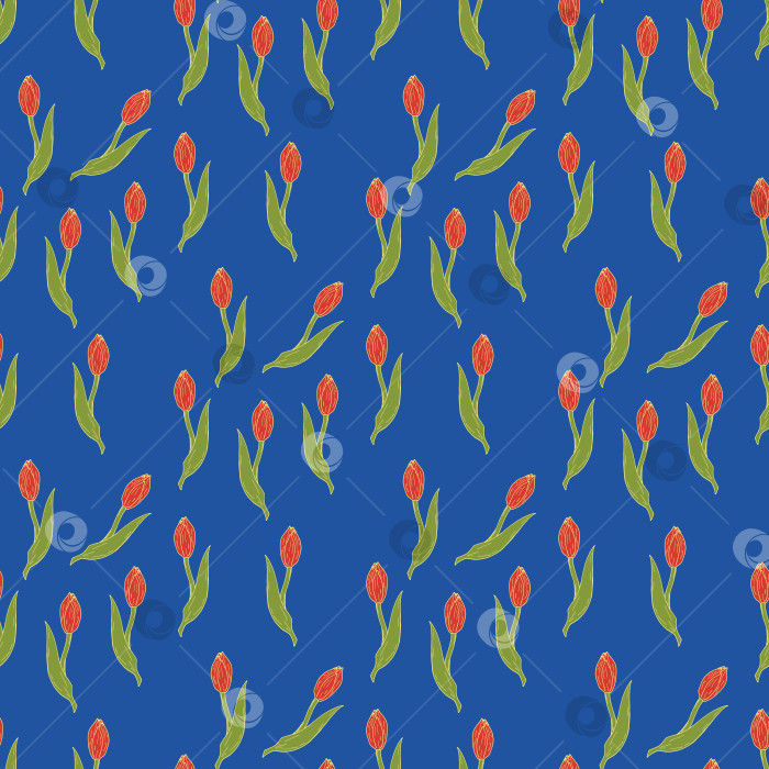 Скачать Бесшовный узор с красивыми красными тюльпанами на синем фоне. Векторное изображение. фотосток Ozero