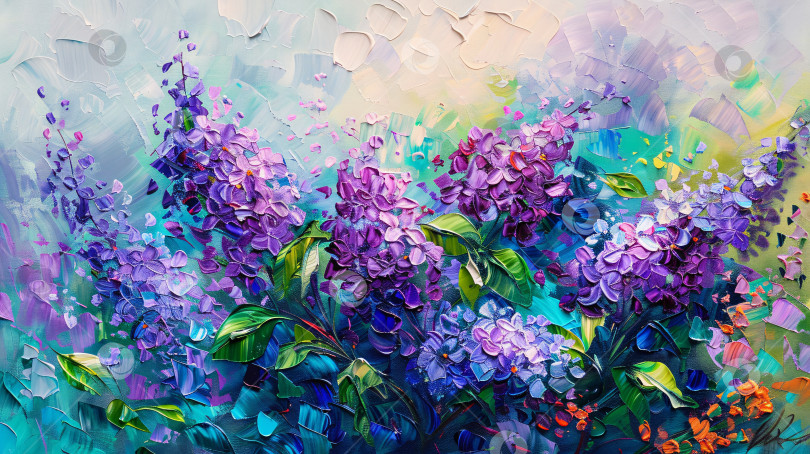 Скачать Картина с изображением фиолетовых цветов и зеленых листьев фотосток Ozero