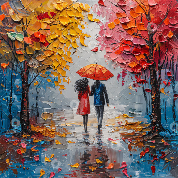 Скачать Пара прогуливается под дождем с зонтиком фотосток Ozero