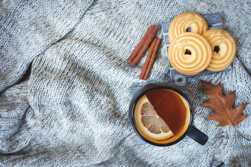 Скачать Осенний натюрморт с чашкой чая, печеньем, свитером и листьями на теплом мягком одеяле. концепция уютной осени, осенний сезон фотосток Ozero