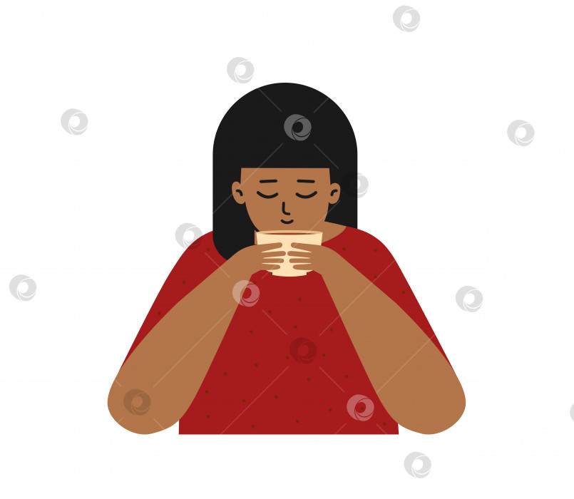 Скачать Векторная изолированная плоская иллюстрация. Портрет симпатичной азиатской женщины в полный рост, сидящей с чашкой горячего чая в руках. Часть чайной церемонии, девушка пьет вкусный напиток. Уютный досуг фотосток Ozero