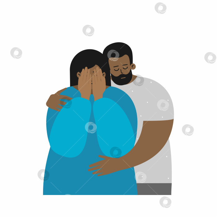 Скачать Векторная плоская иллюстрация о психическом здоровье в семье, важности поддержки партнера при депрессии и стрессе. Перепады настроения беременной женщины. Муж-афроамериканец обнимает плачущую и расстроенную жену фотосток Ozero