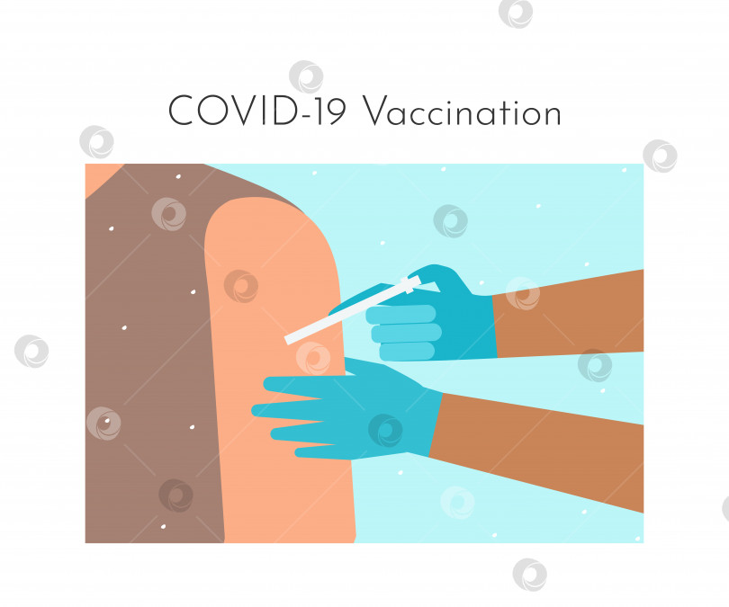 Скачать Векторная плоская иллюстрация. Вакцинация против COVID-19. Темнокожая рука медсестры держит шприц. Врач делает пациенту противовирусную инъекцию с вакциной. Крупный план, посвященный иммунизации против коронавируса фотосток Ozero