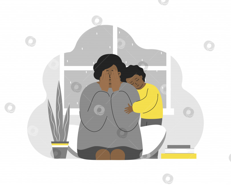 Скачать Векторная иллюстрация с усталой плачущей женщиной. Афроамериканская девочка обнимает маму. Послеродовая депрессия, эмоциональное выгорание, стресс. Дочь сочувствует матери. Проблема материнства для сохранения психического здоровья. фотосток Ozero