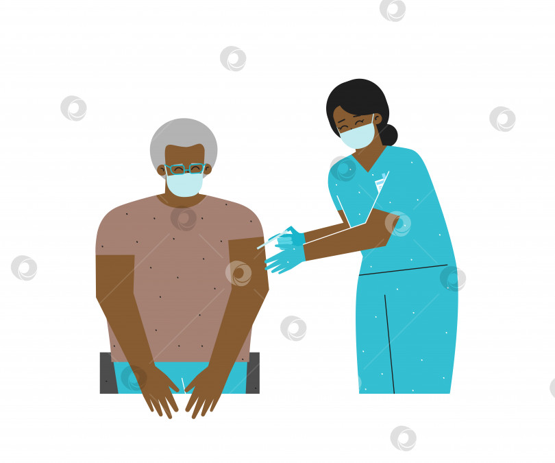 Скачать Векторная изолированная плоская концепция. Вакцинация против коронавируса (COVID-19) как иммунизация против SARS‑CoV‑2. Афроамериканская медсестра (женщина) держит шприц, делает пожилому мужчине противовирусную инъекцию с препаратом фотосток Ozero