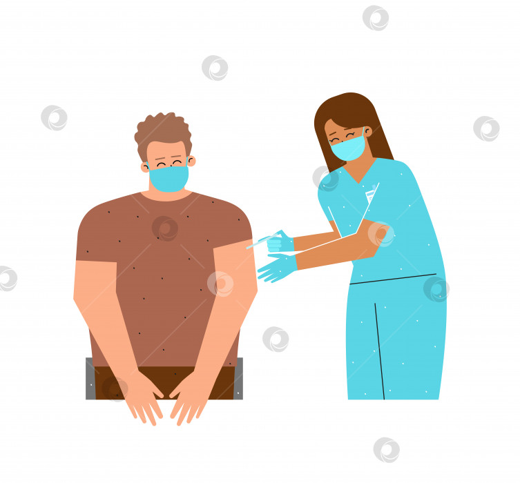 Скачать Векторная плоская концепция, иллюстрирующая вакцинацию против коронавируса (COVID-19). Европейская медсестра держит шприц. Женщина делает противовирусную инъекцию с препаратом молодому взрослому мужчине. Обеспечение иммунитета против SARS‑CoV‑2 фотосток Ozero