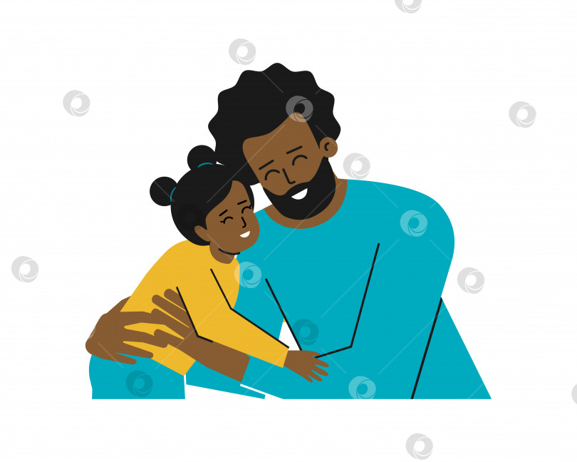 Скачать Векторная изолированная иллюстрация с портретом персонажей мультфильма. Молодой отец-афроамериканец обнимает свою маленькую дочь. Папа и малышка счастливы вместе, улыбаются. Здоровые семейные отношения фотосток Ozero