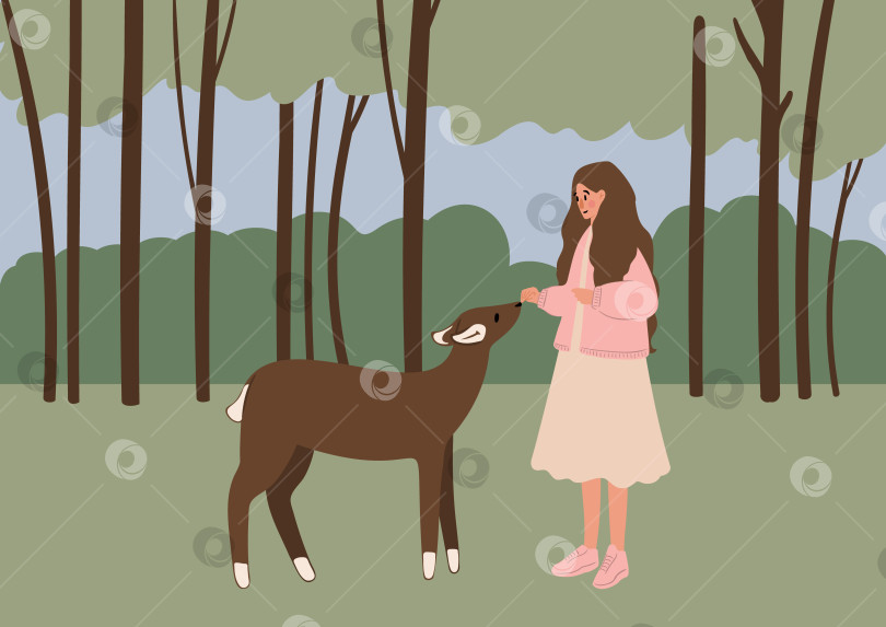 Скачать Женщина кормит оленей на травяном поле. Поле окружено деревьями. Мирная природа. Детали отражают безмятежную, естественную обстановку на открытом воздухе и взаимодействие человека и животного. Плоская векторная иллюстрация. фотосток Ozero