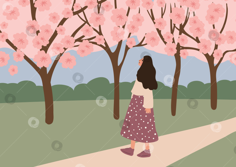 Скачать Женщина в платье прогуливается по парковой дорожке в окружении цветущих вишневых деревьев под розовым небом. Красочный художественный стиль. Женщина любуется цветами и мирными пейзажами. Плоская векторная иллюстрация. фотосток Ozero