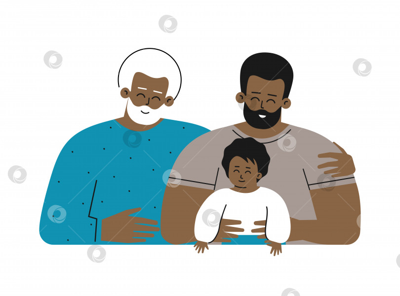 Скачать Векторная изолированная концепция для Дня отца с плоскими мультяшными персонажами. Афроамериканская семья из нескольких поколений. Папа - счастливый молодой взрослый мужчина, обнимающий своего милого маленького ребенка, старший дедушка улыбается фотосток Ozero