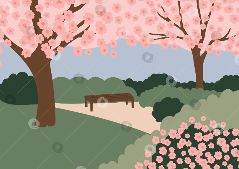 Скачать Весенний пейзаж в парке с цветущей сакурой. Безмятежная иллюстрация с розовыми цветущими деревьями, деревянной скамейкой на дорожке, пышной зеленью и проблеском голубого неба. Атмосфера сада. Векторная иллюстрация. фотосток Ozero