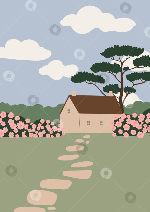 Скачать Сельский пейзаж с маленьким домиком. Спокойная иллюстрация с бежевым домом, цветущими кустами, большим деревом, каменной дорожкой, облачным голубым небом. Идиллическая сельская атмосфера. Минималистичная плоская векторная иллюстрация. фотосток Ozero