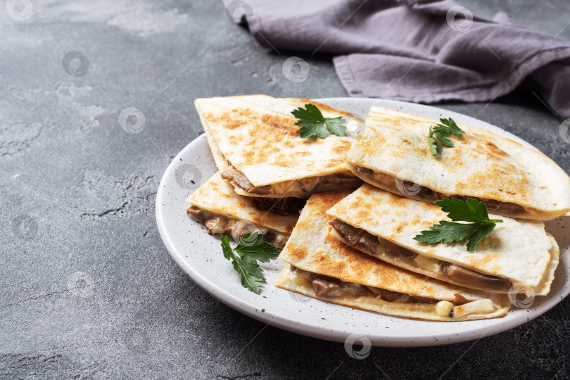 Скачать Кусочки кесадильи с грибами, сметаной и сыром на тарелке, украшенной листьями петрушки. Бетонный фон копирует пространство. фотосток Ozero