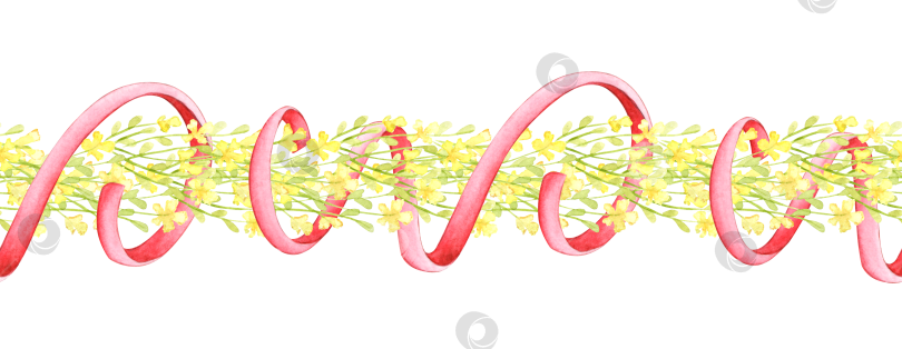 Скачать Горизонтальный узор из желтых цветов с розовой лентой акварелью фотосток Ozero