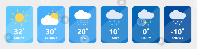 Скачать Набор карточек с погодой - солнечно, облачно, туман. Дождливо, гроза и снежно. Солнце, облака, капли дождя. Снежинки фотосток Ozero