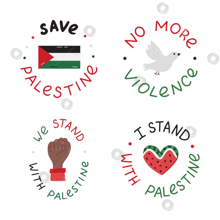 Скачать Мы поддерживаем Палестину, набор иконок с надписями и рисованным клипартом. Ломтик арбуза в форме сердца, флаг Газы, кулак, голубь мира. Концепция Свободной Газы для плаката, баннера, листовки фотосток Ozero