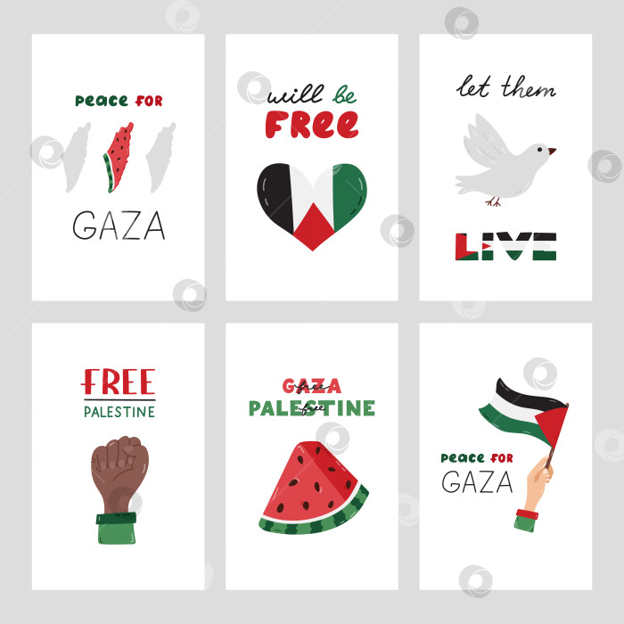 Скачать Набор плакатов "Освободим Газу" с надписями и простым рисованным изображением флага Газы, арбуза, голубя мира, кулака, карты Израиля. Концепция поддержки Палестины. Дайте им жить, и они будут свободны фотосток Ozero