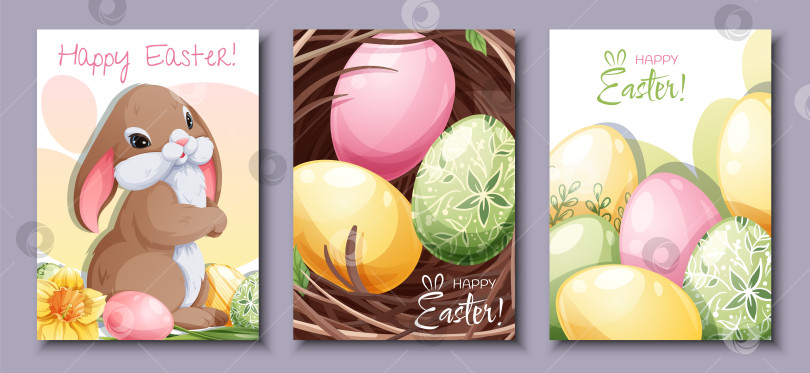 Скачать Набор поздравительных открыток к Пасхе. Плакат, баннер с пасхальным кроликом и яйцами в гнезде. Весна фотосток Ozero