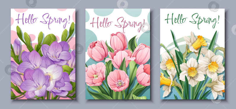 Скачать Три открытки с изображением цветов и надписью "Привет, весна", выполненные красивым шрифтом фотосток Ozero