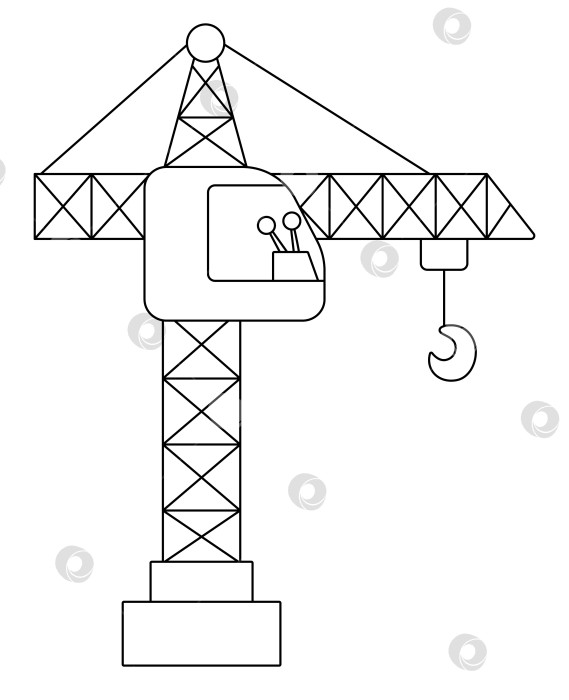 Скачать Векторный черно-белый подъемный кран с крюком. Строительная площадка, значок линии дорожных работ. Клипарт для транспортировки зданий. Симпатичная иллюстрация специального транспорта. Раскраска "Подъемник высокой башни" фотосток Ozero