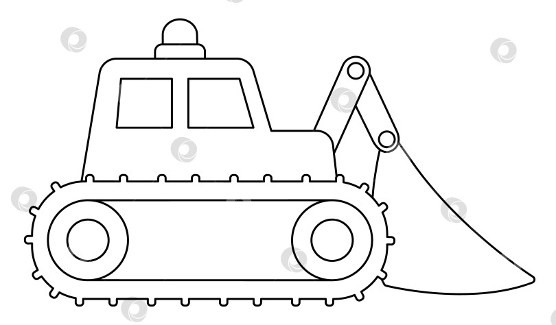 Скачать Векторный черно-белый бульдозер с лопатой или совком, гусеничный механизм. Строительная площадка, значок линии дорожных работ. Раскраска "Строительный транспорт". Симпатичная иллюстрация специального транспорта, ремонтной службы фотосток Ozero