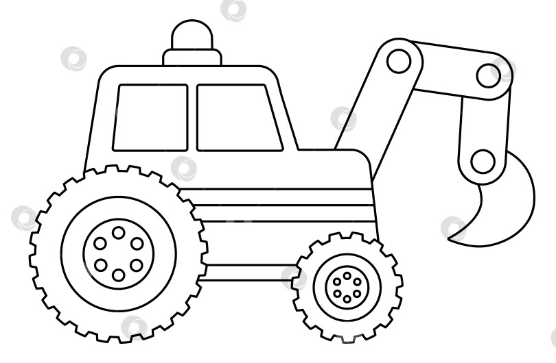 Скачать Векторный черно-белый трактор с экскаватором. Строительная площадка, значок линии дорожных работ. Клипарт с изображением транспорта в здании. Симпатичная иллюстрация специального транспорта. Раскраска экскаватора для детей фотосток Ozero