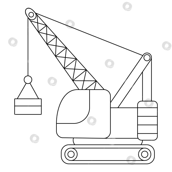Скачать Векторный черно-белый гусеничный кран с грузом. Строительная площадка, значок линии дорожных работ. Клипарт для транспортировки зданий. Симпатичная иллюстрация специального транспорта, ремонтной службы. Страница-раскраска для погрузчиков фотосток Ozero