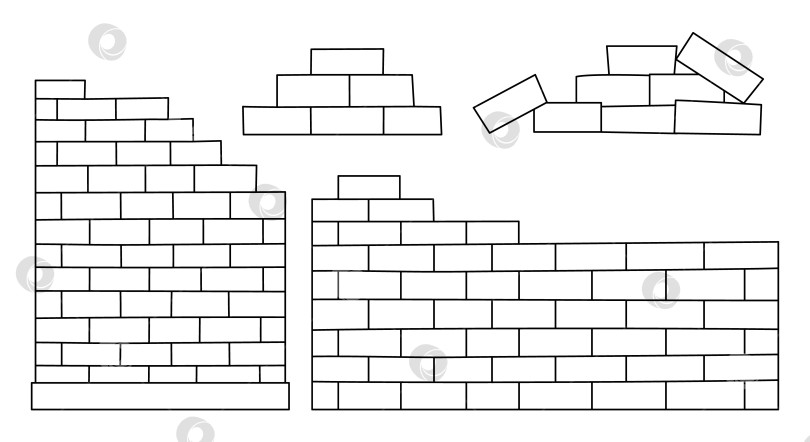Скачать Набор векторных черно-белых кирпичных стен. Иллюстрация строительной площадки. Клипарт или раскраска с изображением кирпичной кладки на белом фоне фотосток Ozero