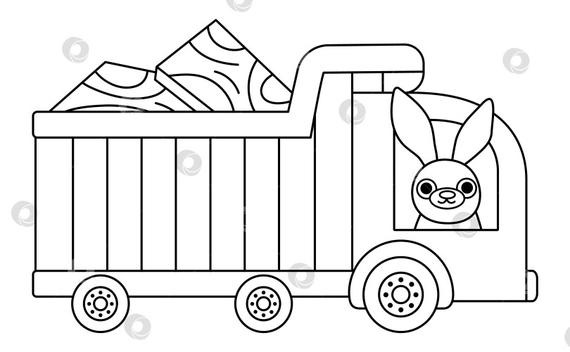 Скачать Векторный черно-белый грузовик, груженный древесиной, с водителем-кроликом. Строительная площадка, значок линии дорожных работ с забавным лесным животным. Страница-раскраска для строительного транспорта. Иллюстрация специального транспорта фотосток Ozero
