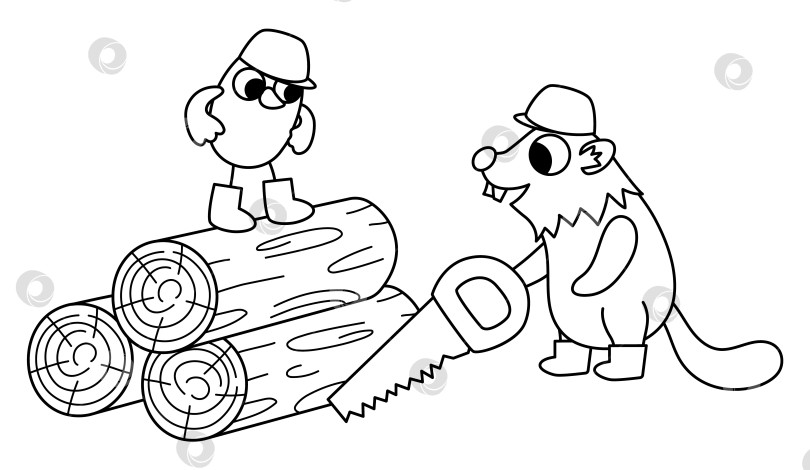 Скачать Векторная черно-белая птица в каске, стоящая на бревне рядом со строителем бобром с пилой. Иллюстрация для детей "Рабочие строительной площадки" с забавными персонажами. Раскраска "Милые ремонтники" фотосток Ozero